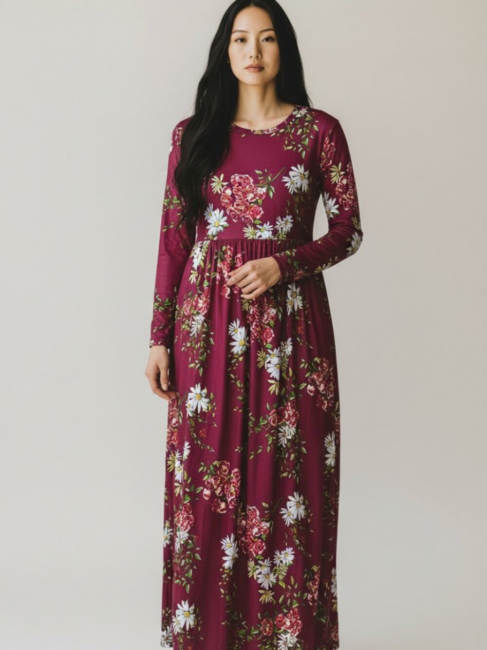 Asklazy Burgundy Floral Empire Waist Maxi Dress - 3XL
